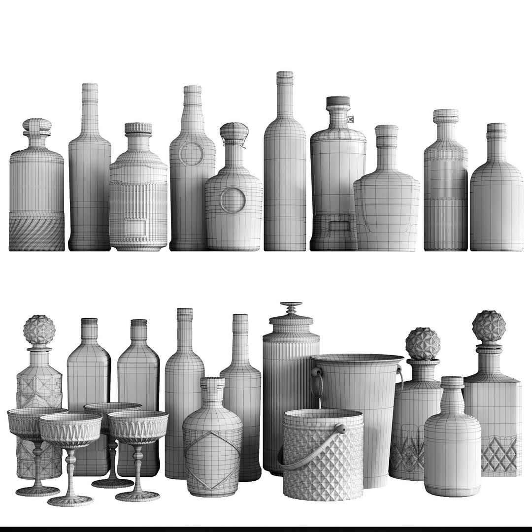Bar Set 3D Model – High-Detail Liquor Bottles for Interior Design