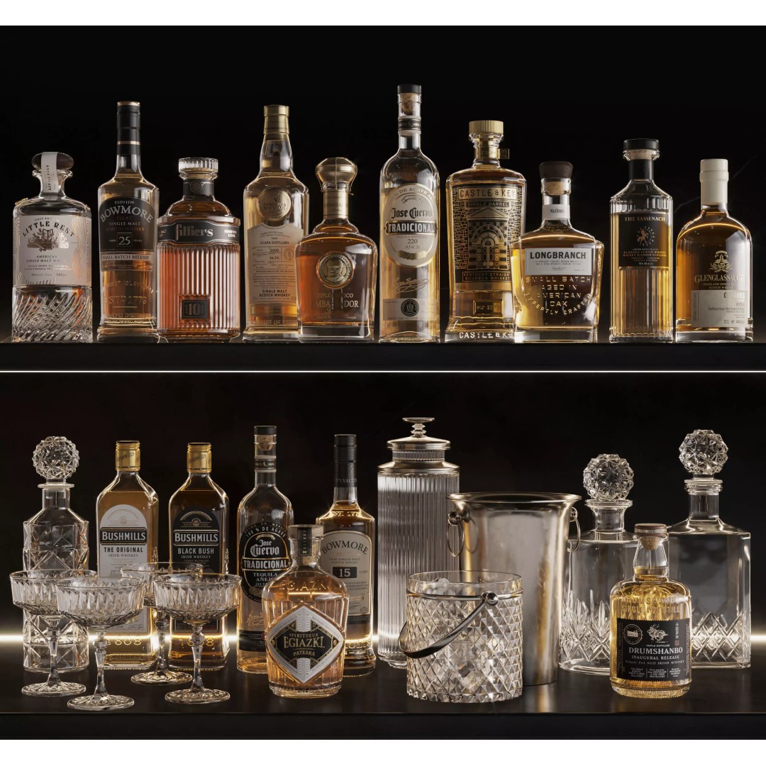 Bar Set 3D Model – High-Detail Liquor Bottles for Interior Design - View 2