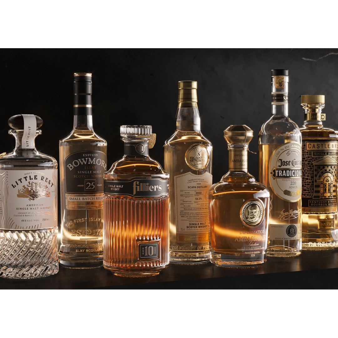 Bar Set 3D Model – High-Detail Liquor Bottles for Interior Design - View 3