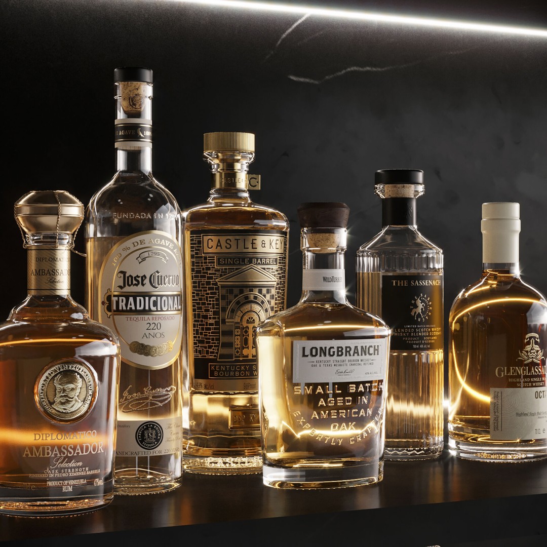 Bar Set 3D Model – High-Detail Liquor Bottles for Interior Design - View 4