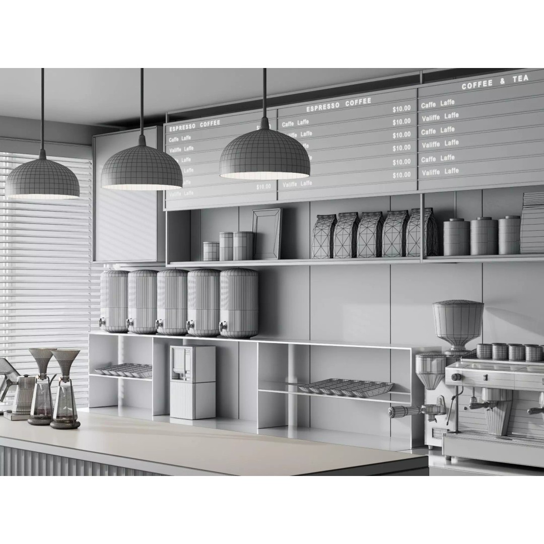Modern Coffee Shop Interior Scene 3D Model – Low Poly PBR Asset, FBX, OBJ