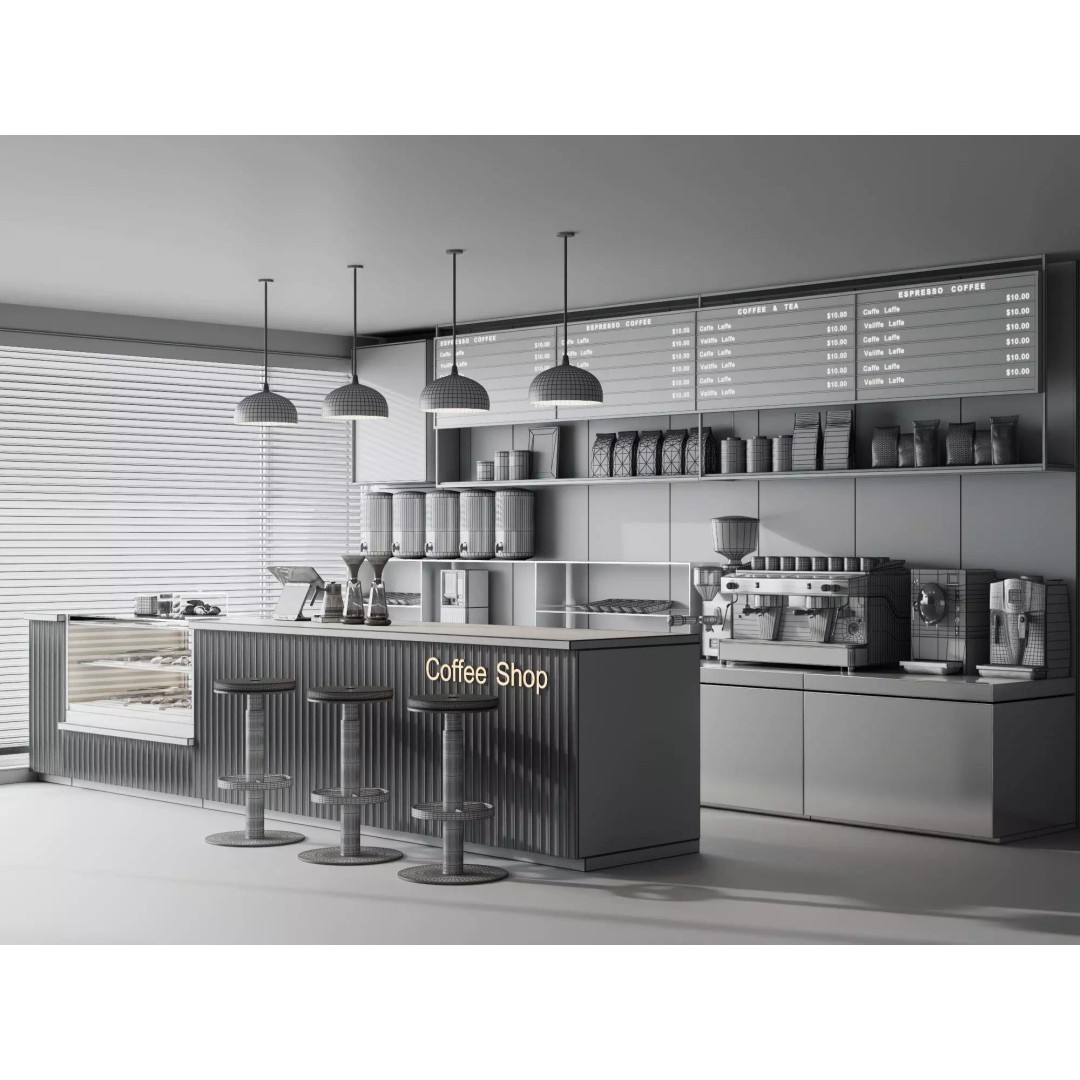 Modern Coffee Shop Interior Scene 3D Model – Low Poly PBR Asset, FBX, OBJ - View 10