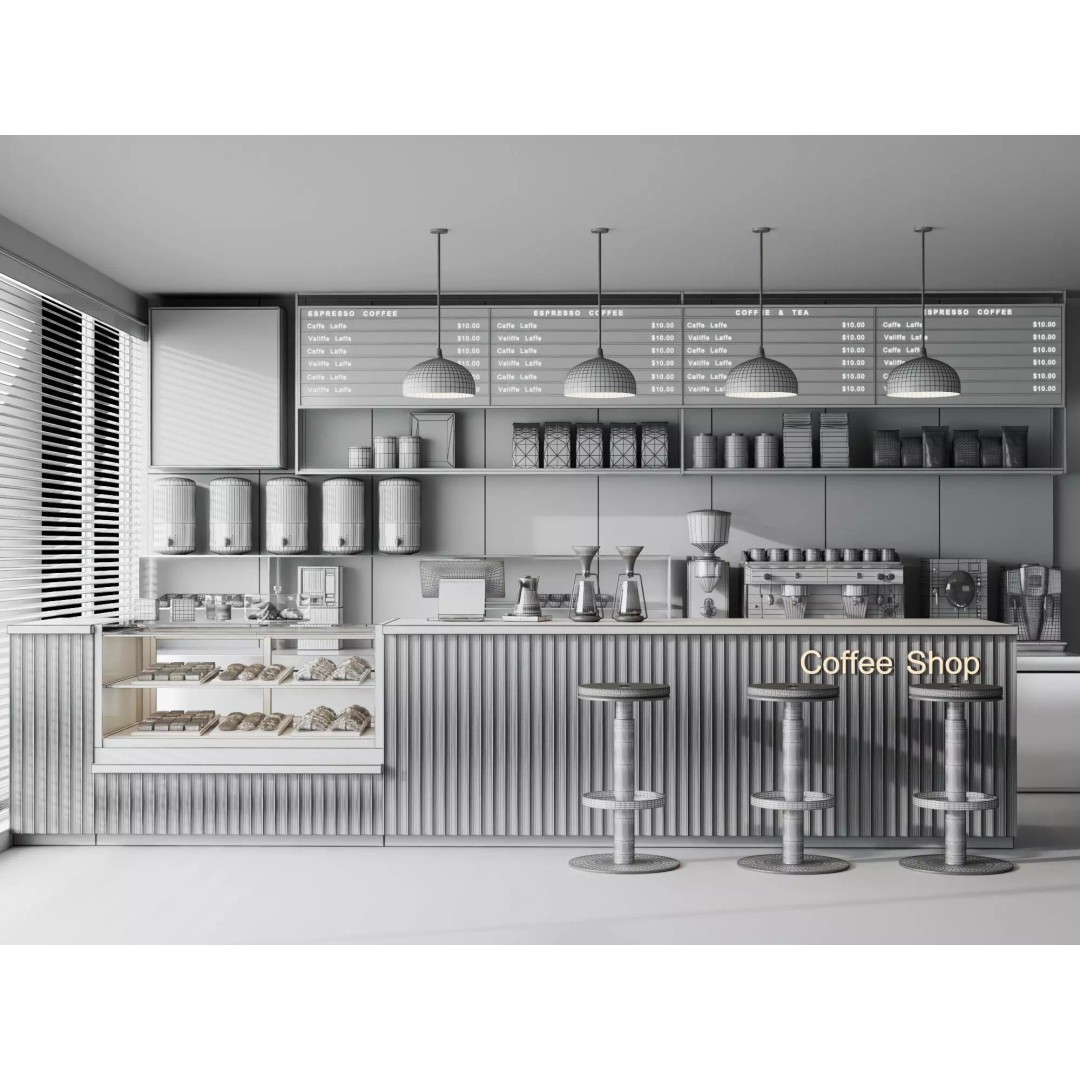 Modern Coffee Shop Interior Scene 3D Model – Low Poly PBR Asset, FBX, OBJ - View 11