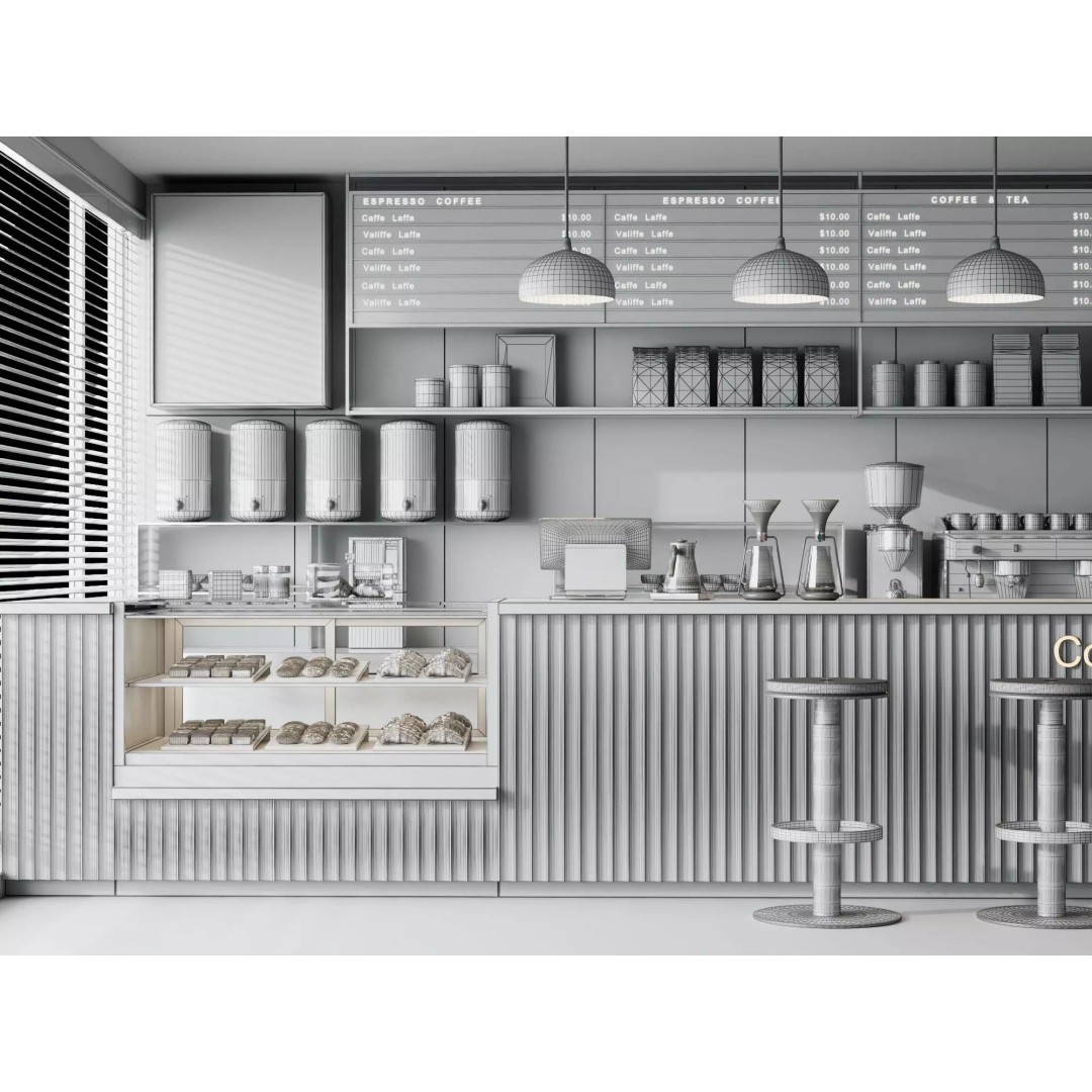 Modern Coffee Shop Interior Scene 3D Model – Low Poly PBR Asset, FBX, OBJ - View 12