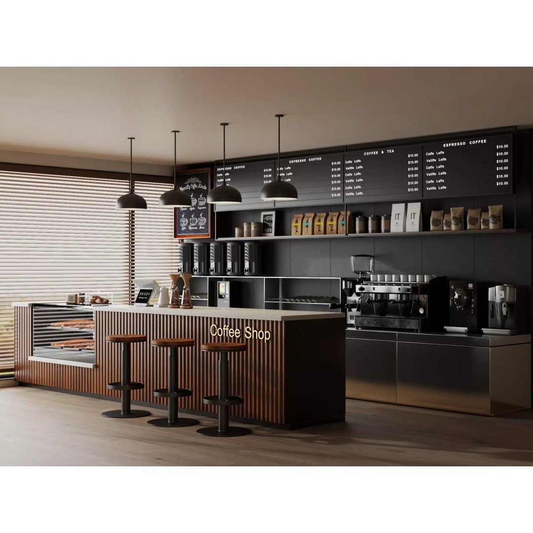 Modern Coffee Shop Interior Scene 3D Model – Low Poly PBR Asset, FBX, OBJ - View 2