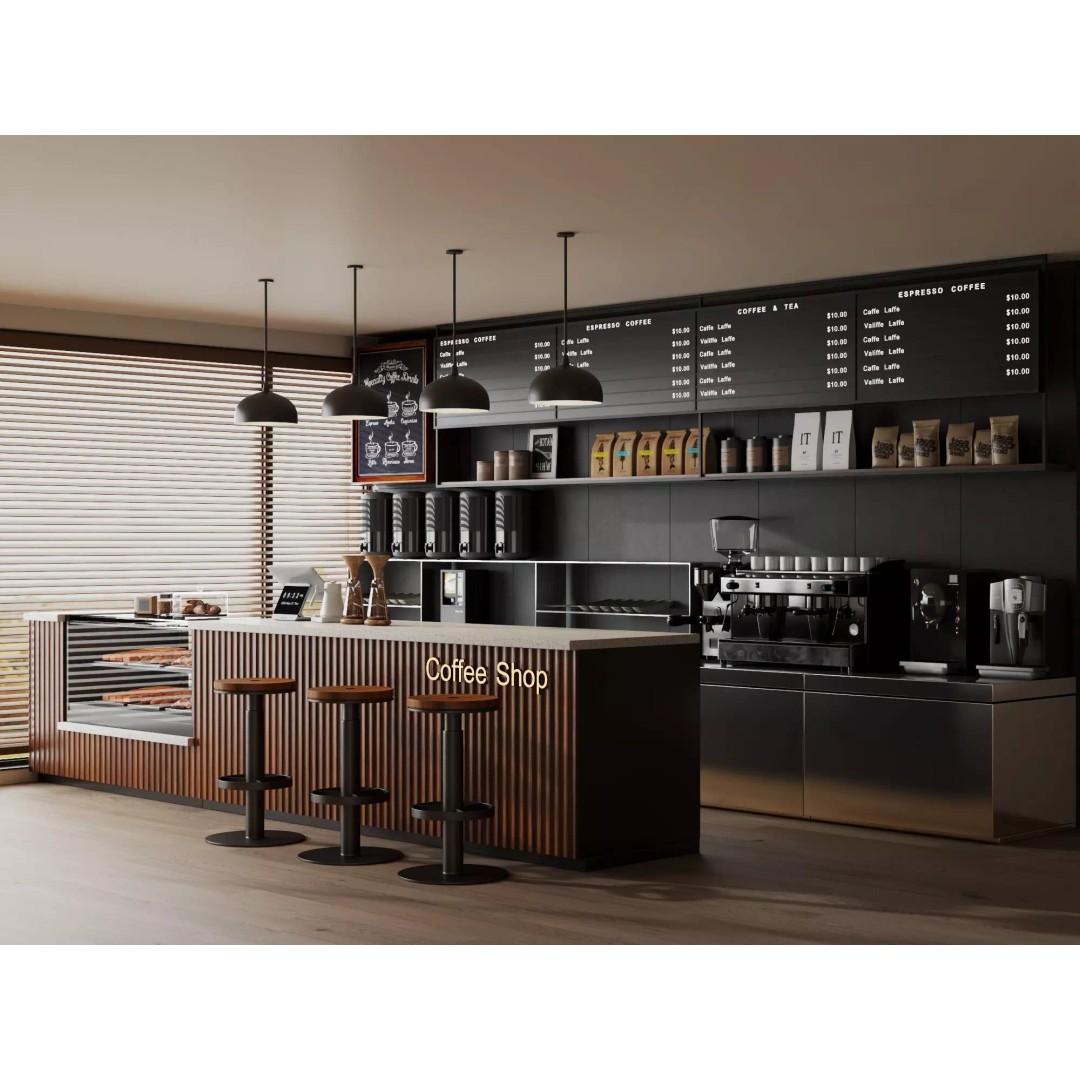 Modern Coffee Shop Interior Scene 3D Model – Low Poly PBR Asset, FBX, OBJ - View 3