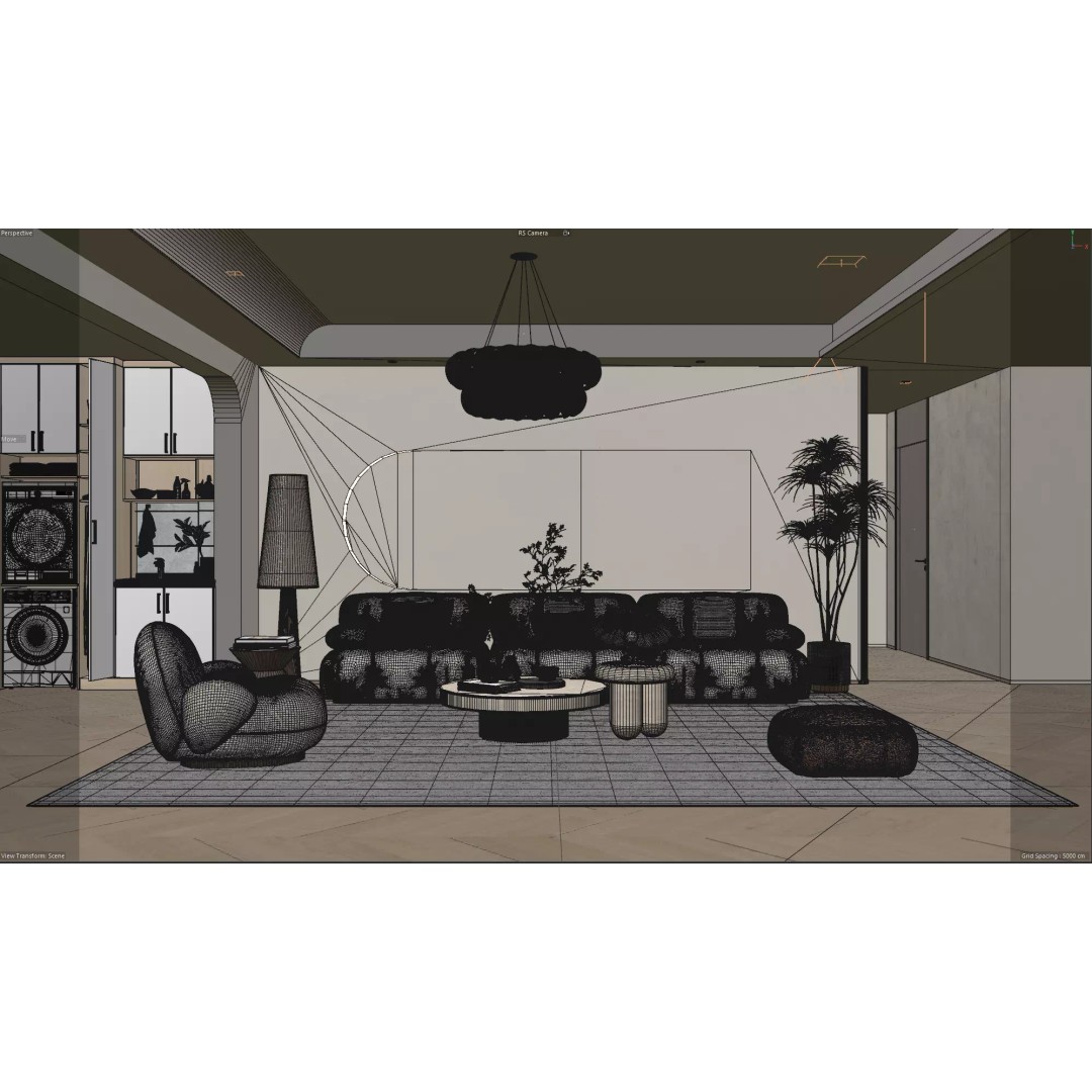 Wabi-Sabi Living Room 3D Model – Minimalist Interior with Integrated Laundry - View 10