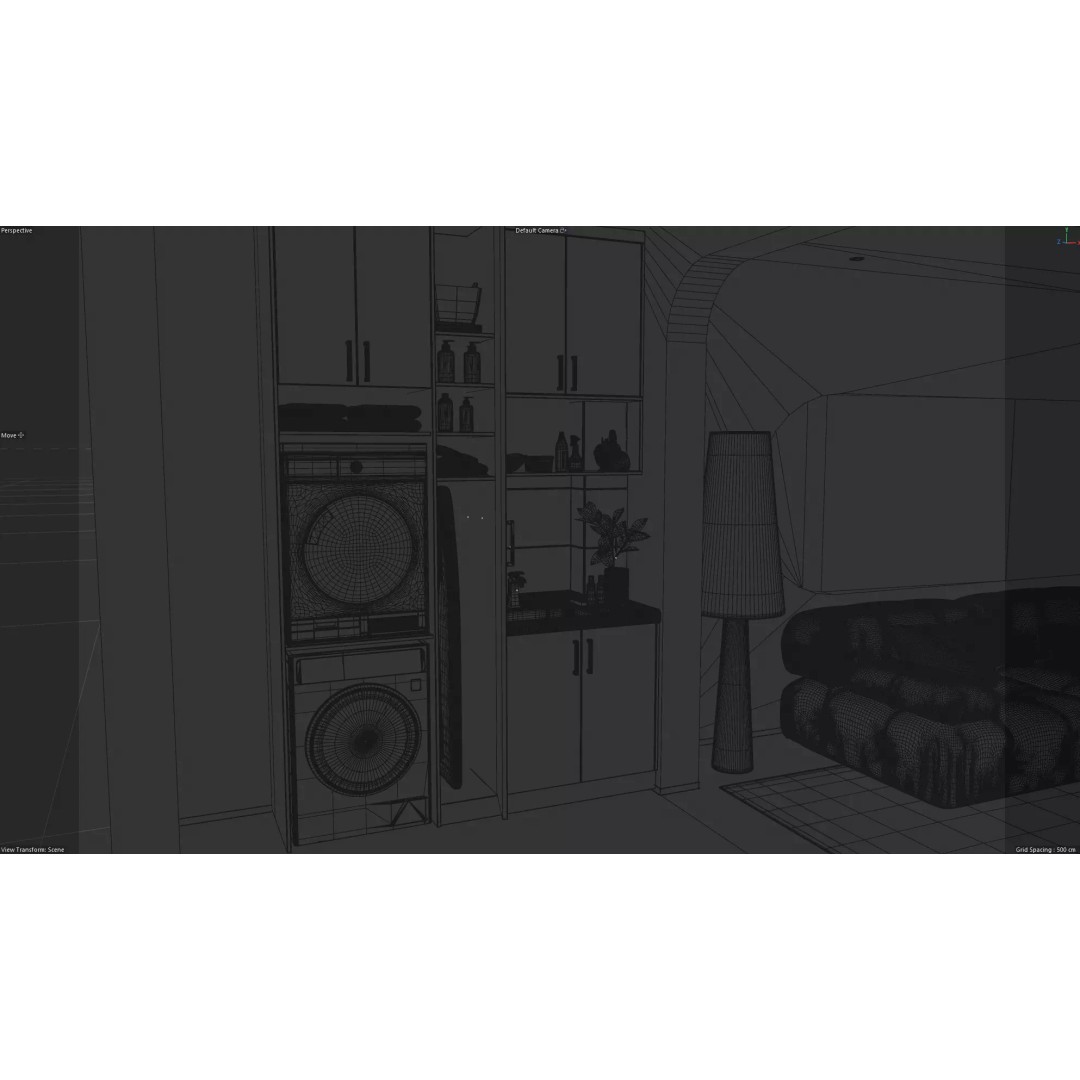 Wabi-Sabi Living Room 3D Model – Minimalist Interior with Integrated Laundry - View 13