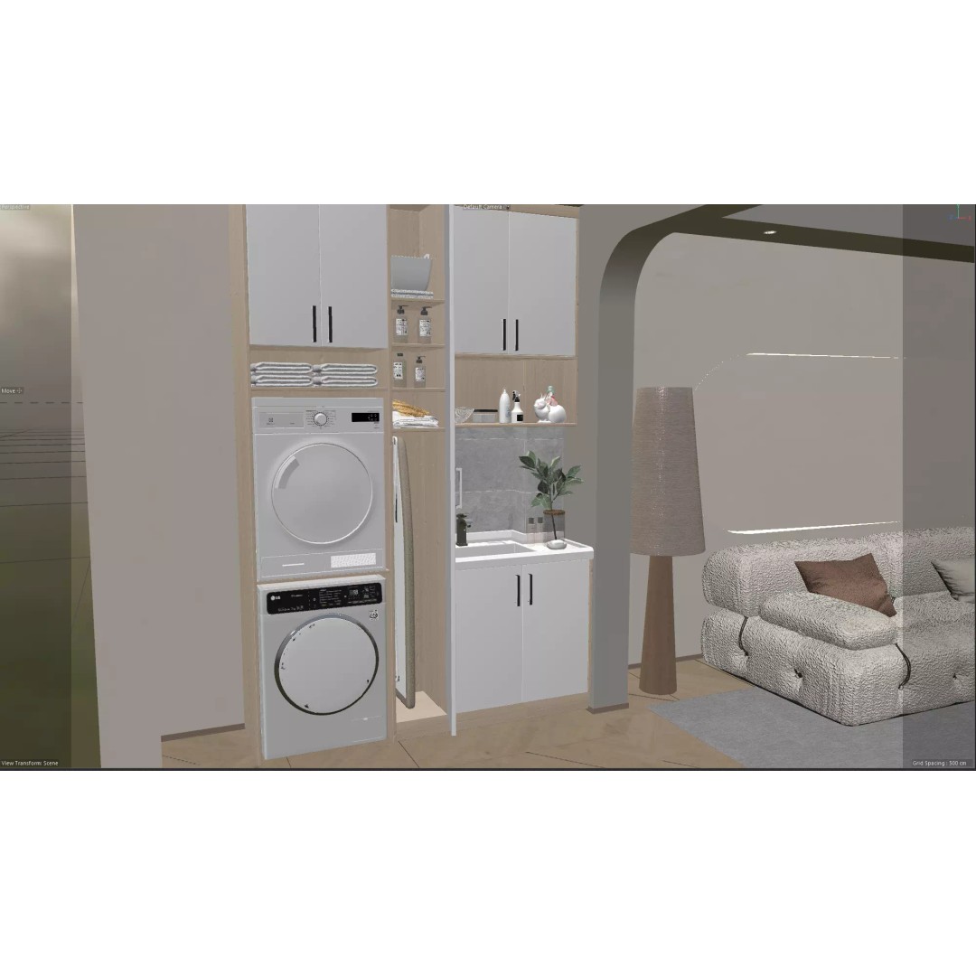 Wabi-Sabi Living Room 3D Model – Minimalist Interior with Integrated Laundry - View 14