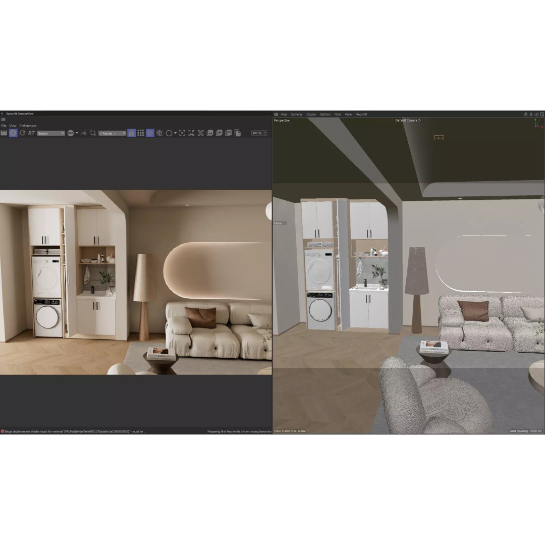 Wabi-Sabi Living Room 3D Model – Minimalist Interior with Integrated Laundry - View 8