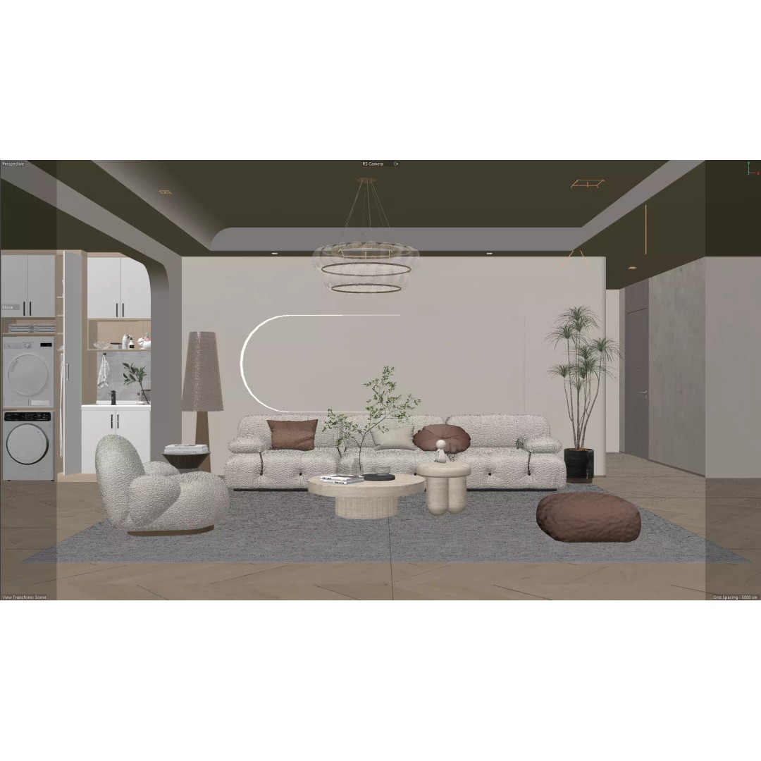 Wabi-Sabi Living Room 3D Model – Minimalist Interior with Integrated Laundry - View 9