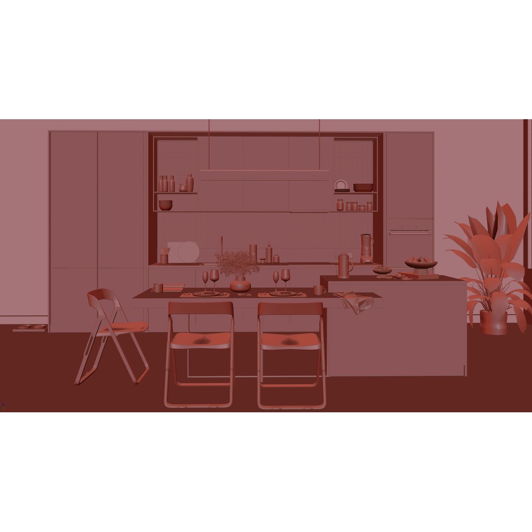 Modern Kitchen 3D Model – Minimalist Interior Design, Corona Render