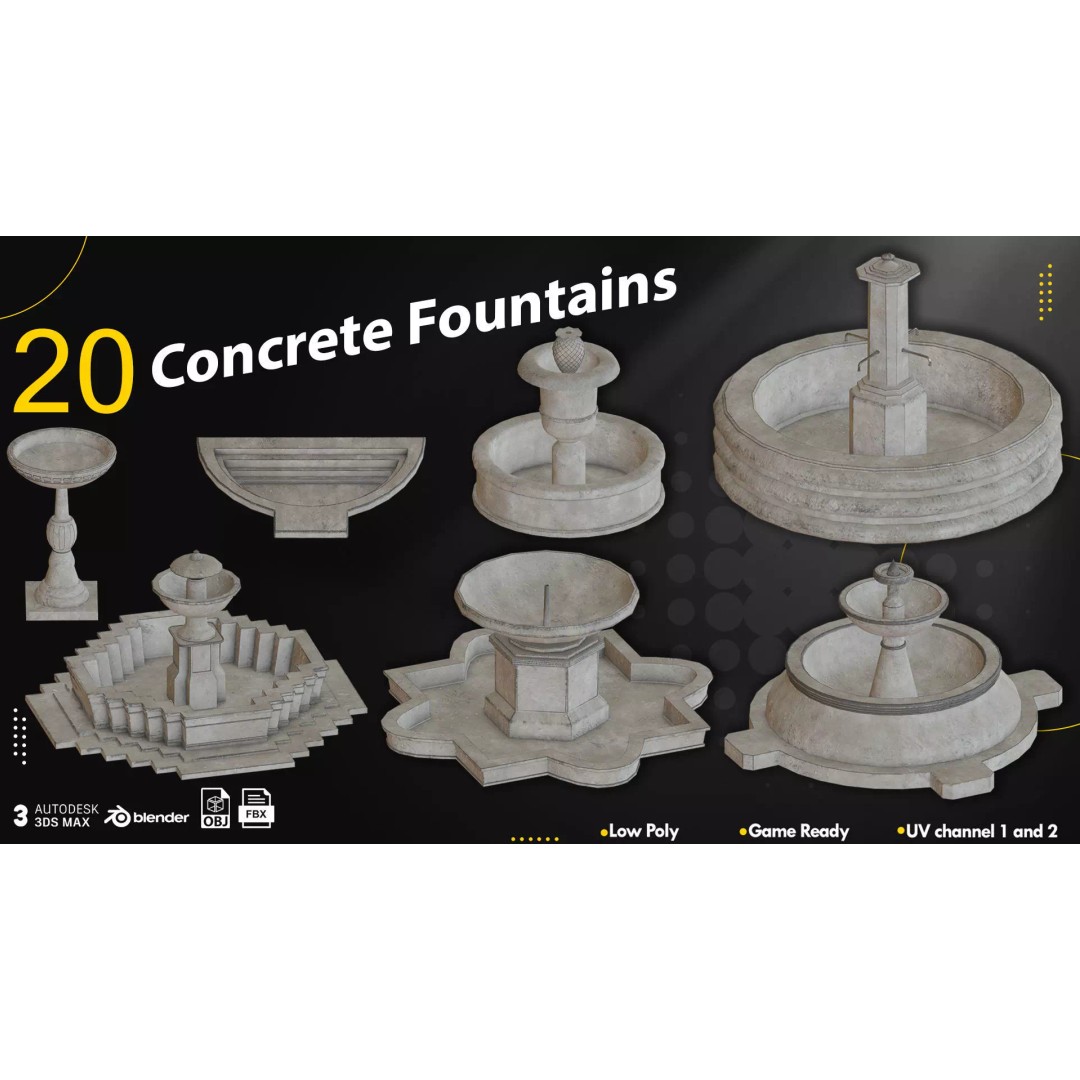 Concrete Fountains 3D Model – Low Poly Game Ready Pack, FBX & OBJ - View 2