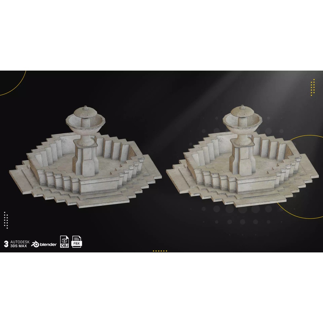 Concrete Fountains 3D Model – Low Poly Game Ready Pack, FBX & OBJ - View 3