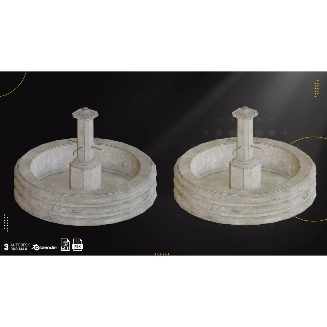 Concrete Fountains 3D Model – Low Poly Game Ready Pack, FBX & OBJ - View 6