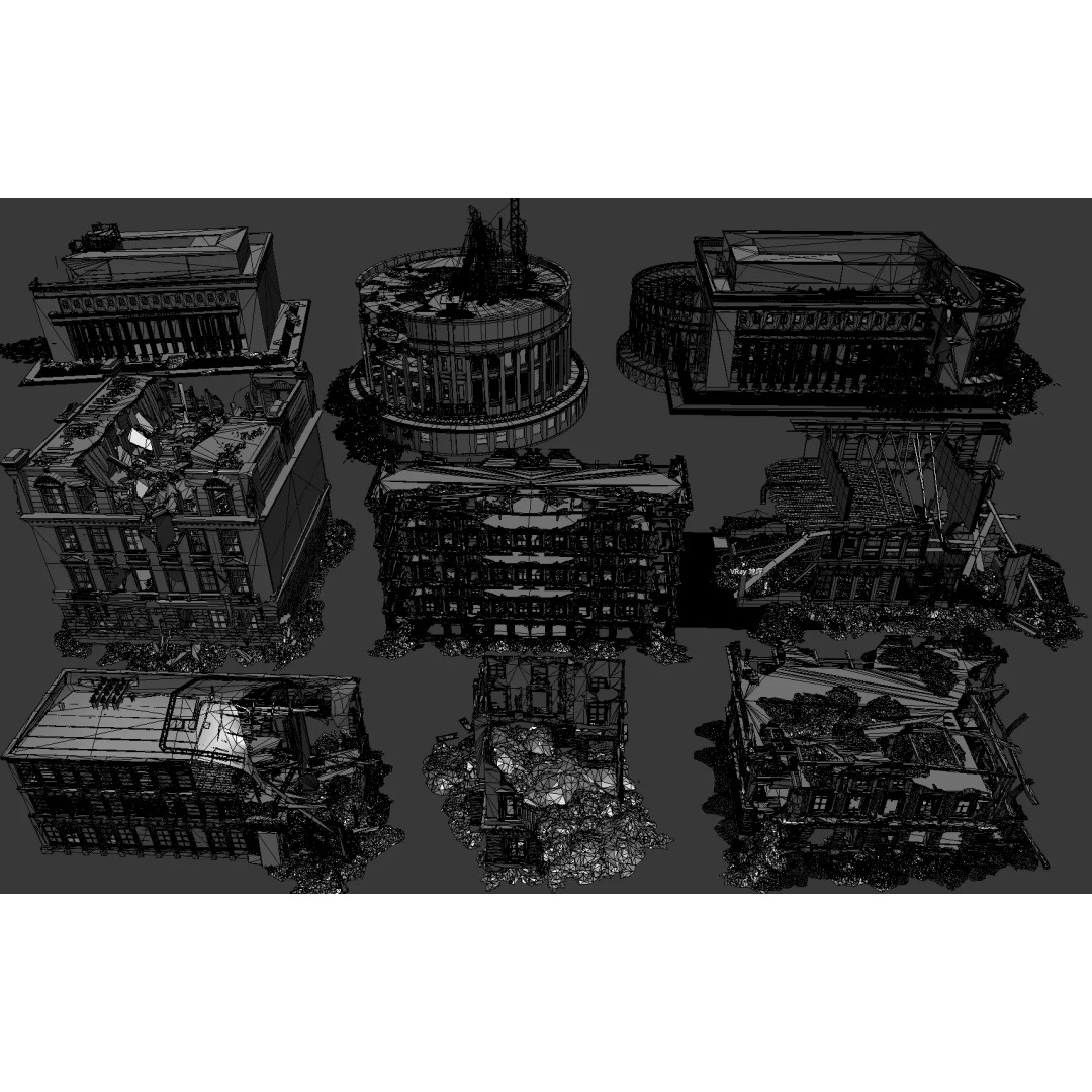 Damaged European-Style Buildings 3D Model – Post-War Urban Assets, FBX/OBJ