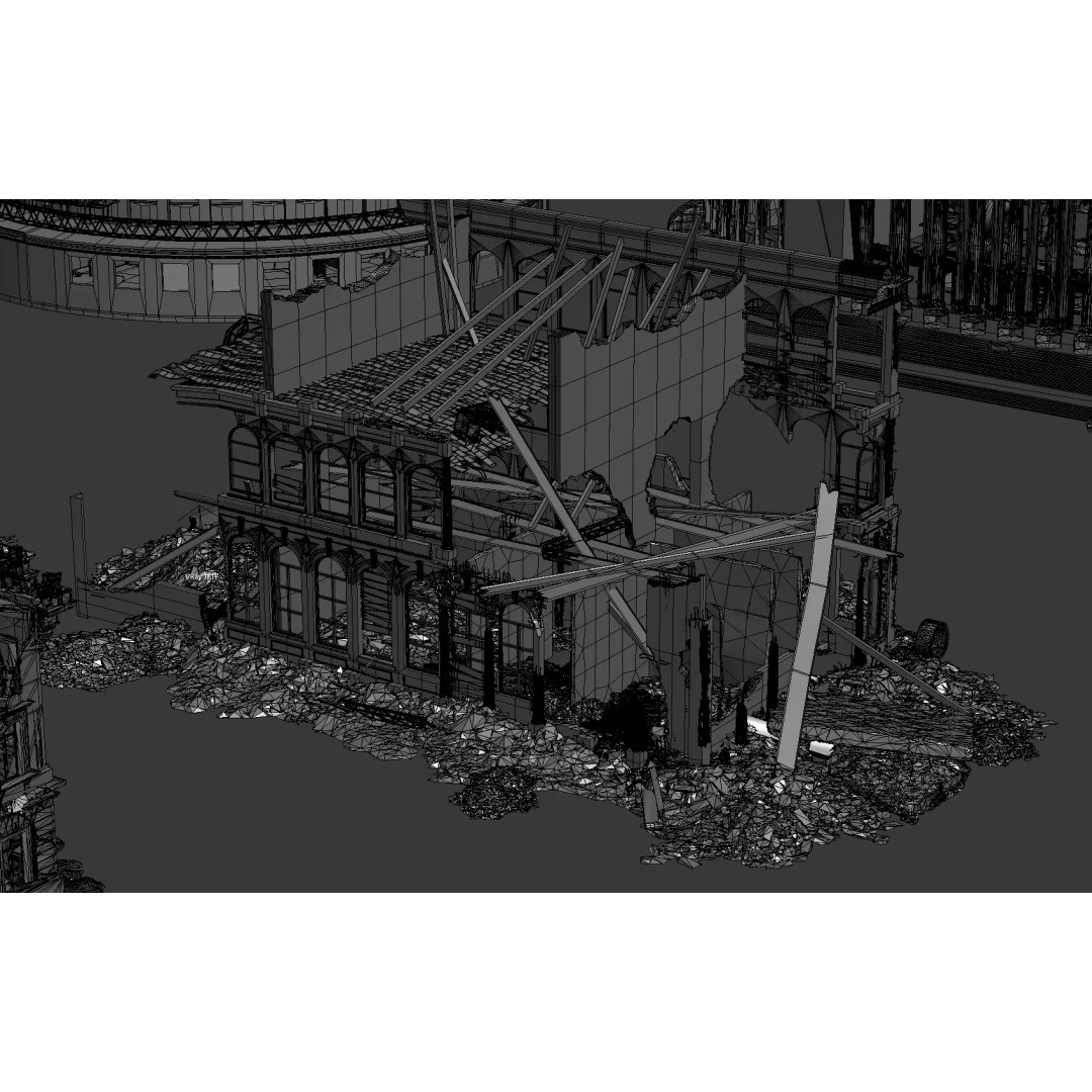 Damaged European-Style Buildings 3D Model – Post-War Urban Assets, FBX/OBJ - View 13