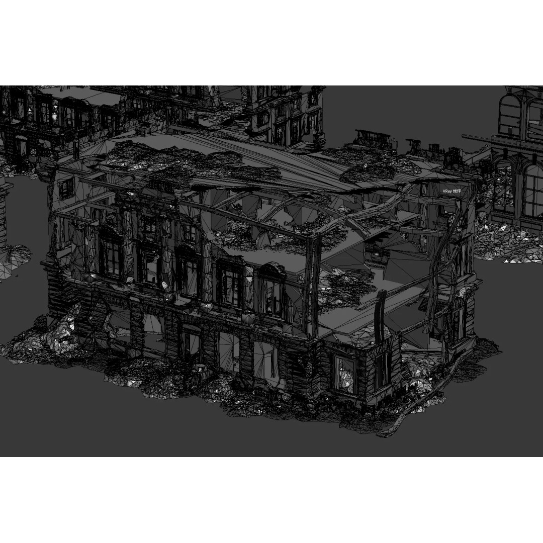 Damaged European-Style Buildings 3D Model – Post-War Urban Assets, FBX/OBJ - View 14