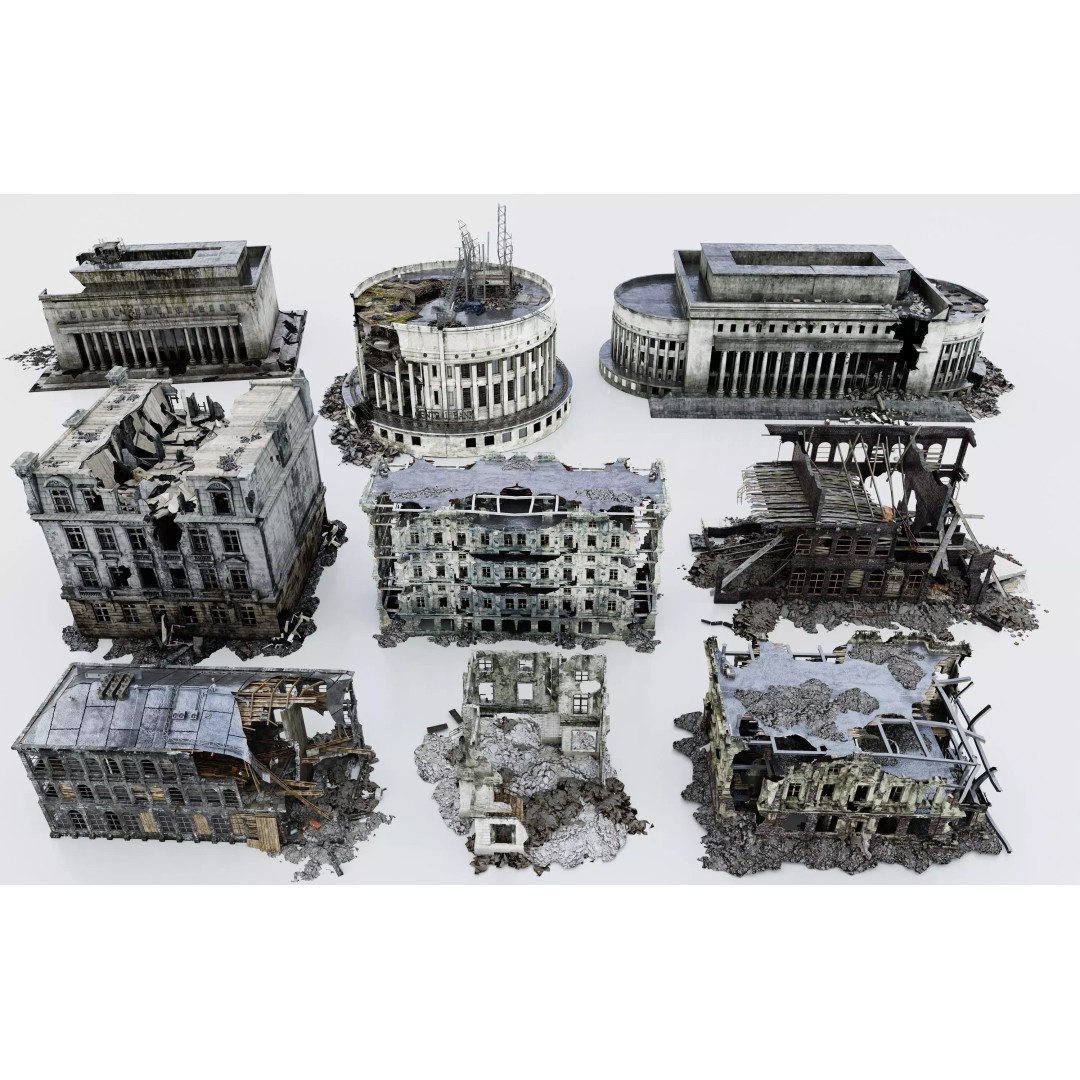 Damaged European-Style Buildings 3D Model – Post-War Urban Assets, FBX/OBJ - View 2