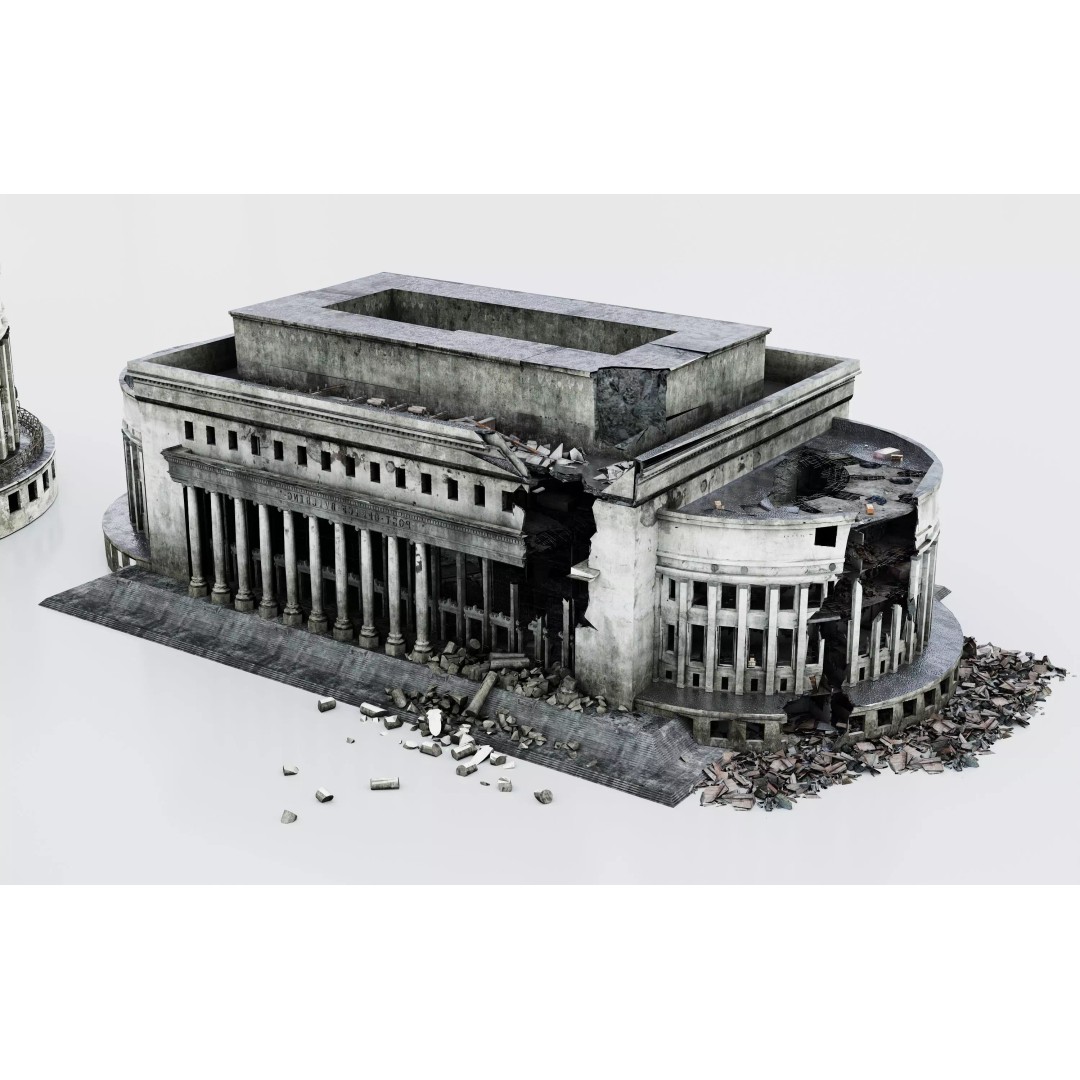 Damaged European-Style Buildings 3D Model – Post-War Urban Assets, FBX/OBJ - View 3