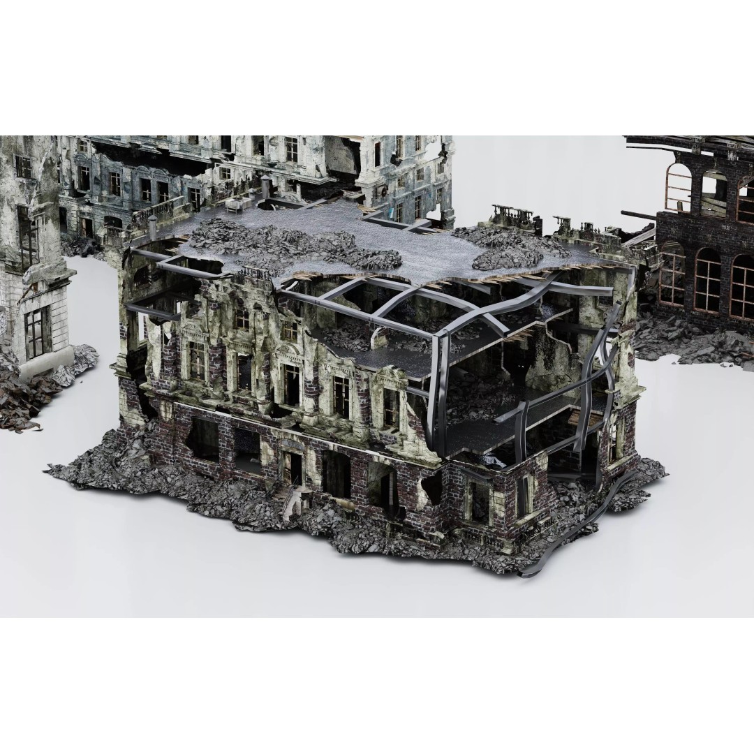 Damaged European-Style Buildings 3D Model – Post-War Urban Assets, FBX/OBJ - View 6
