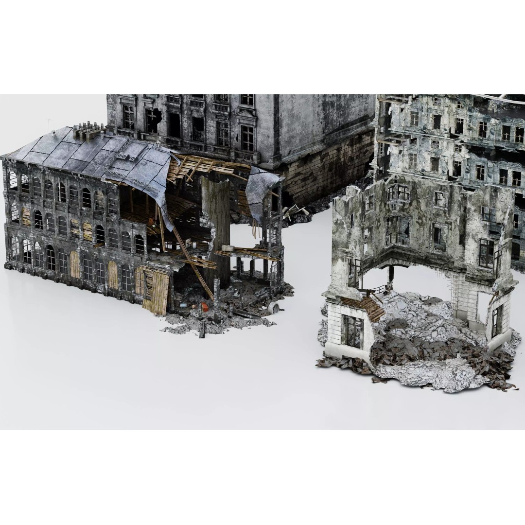 Damaged European-Style Buildings 3D Model – Post-War Urban Assets, FBX/OBJ - View 7