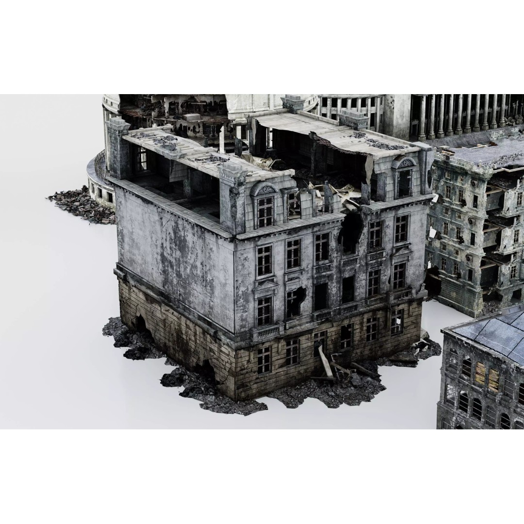 Damaged European-Style Buildings 3D Model – Post-War Urban Assets, FBX/OBJ - View 8