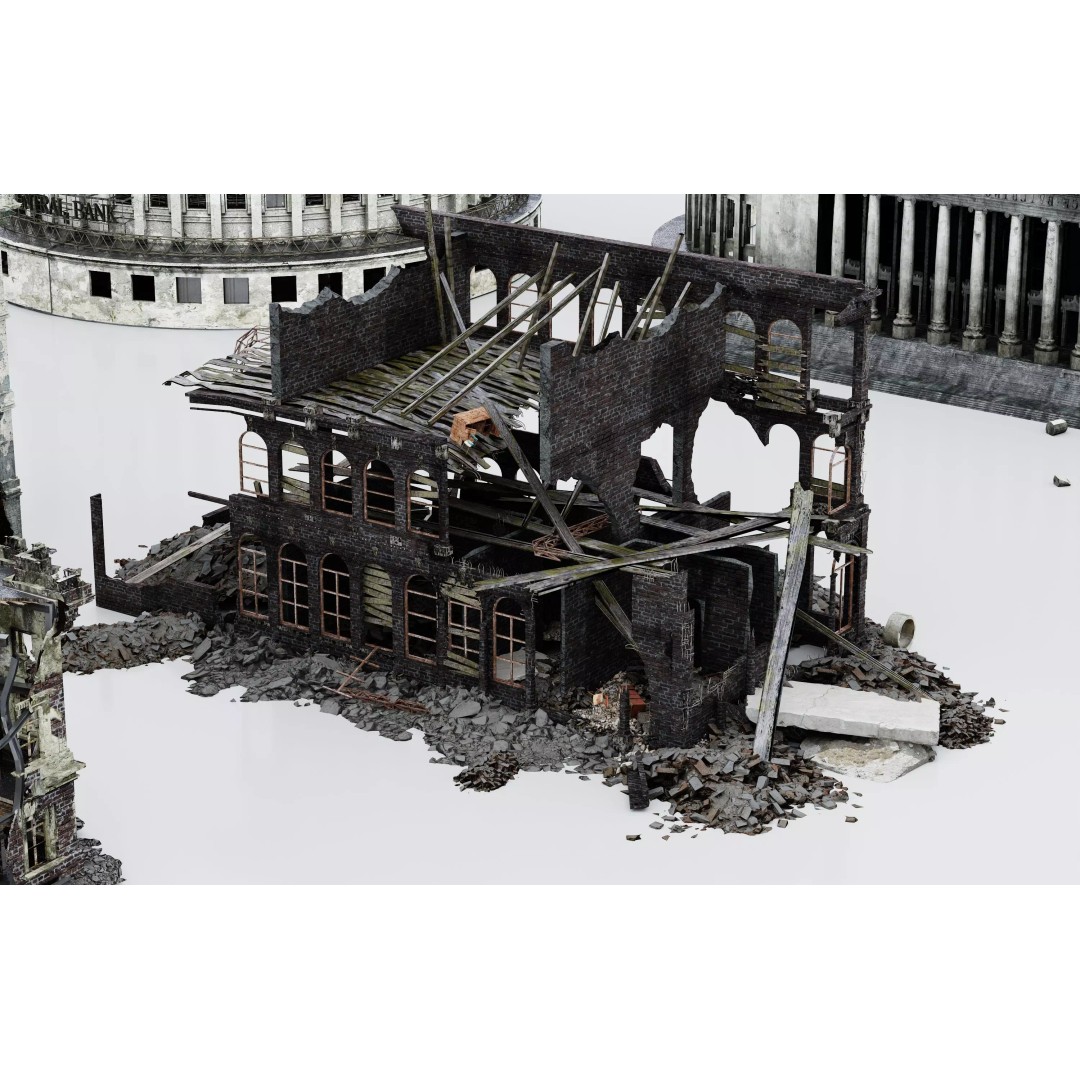 Damaged European-Style Buildings 3D Model – Post-War Urban Assets, FBX/OBJ - View 9