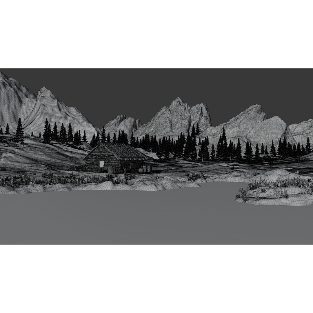 Snow Landscape Cabin 3D Model – High Poly Blender Scene with Textures
