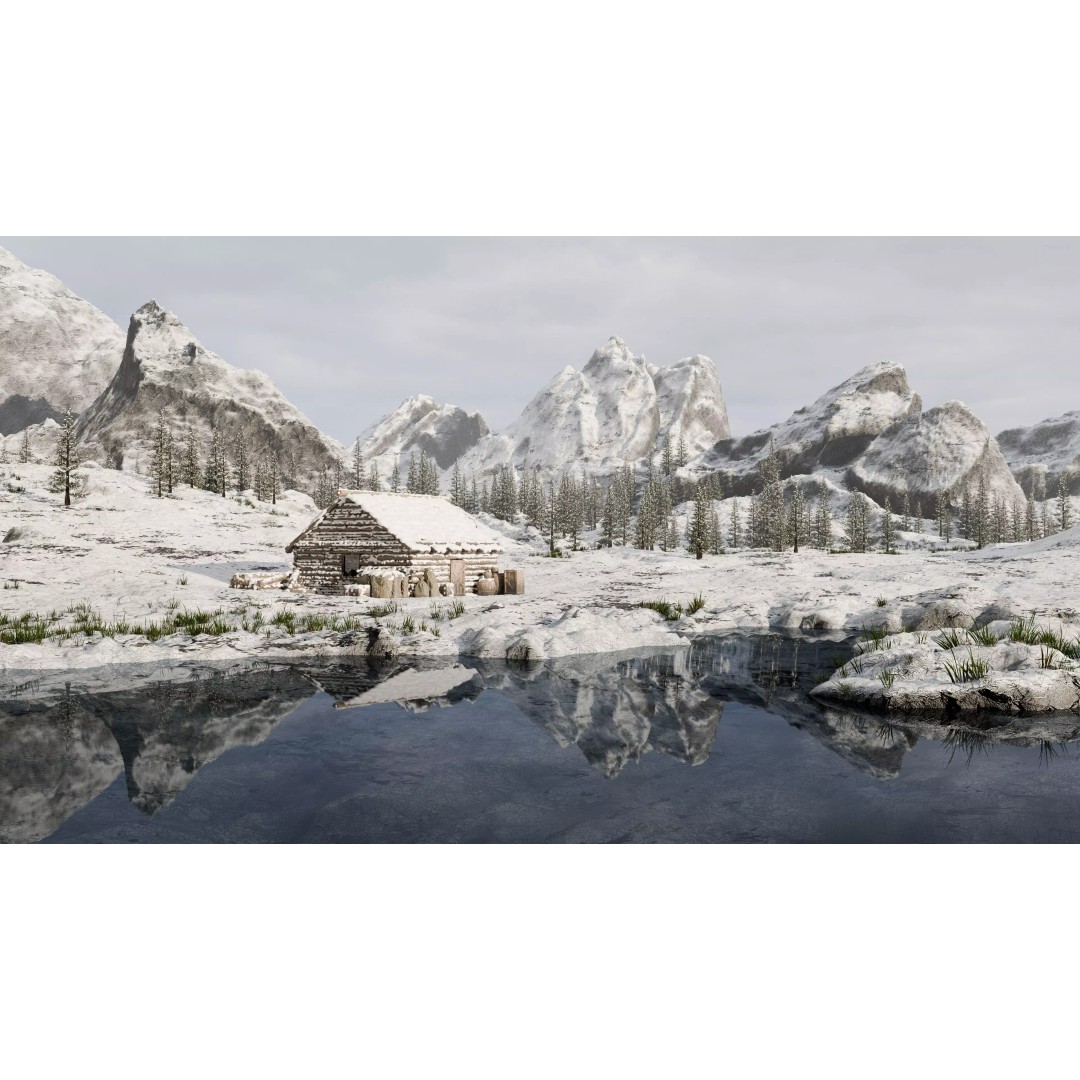 Snow Landscape Cabin 3D Model – High Poly Blender Scene with Textures - View 2