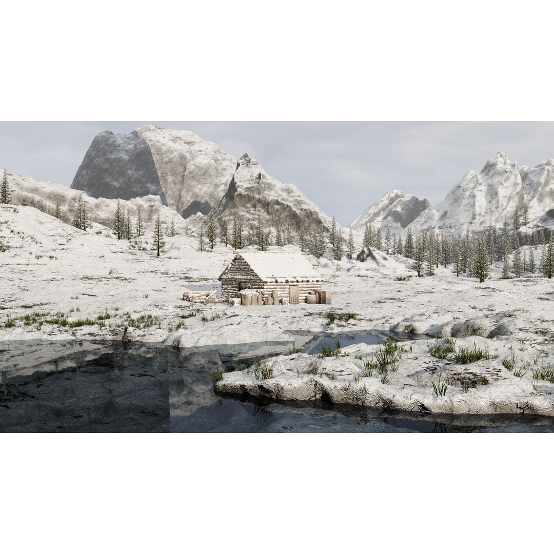 Snow Landscape Cabin 3D Model – High Poly Blender Scene with Textures - View 3