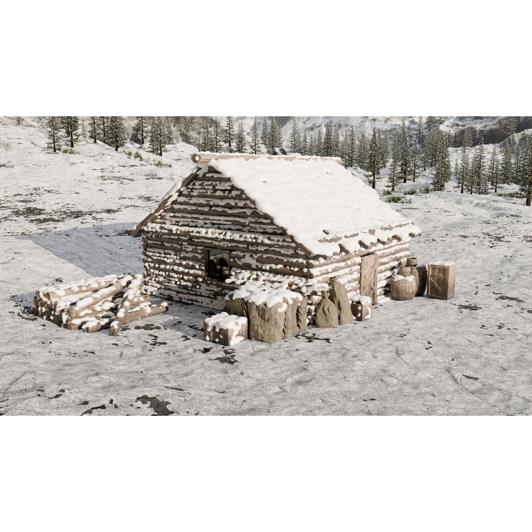 Snow Landscape Cabin 3D Model – High Poly Blender Scene with Textures - View 5