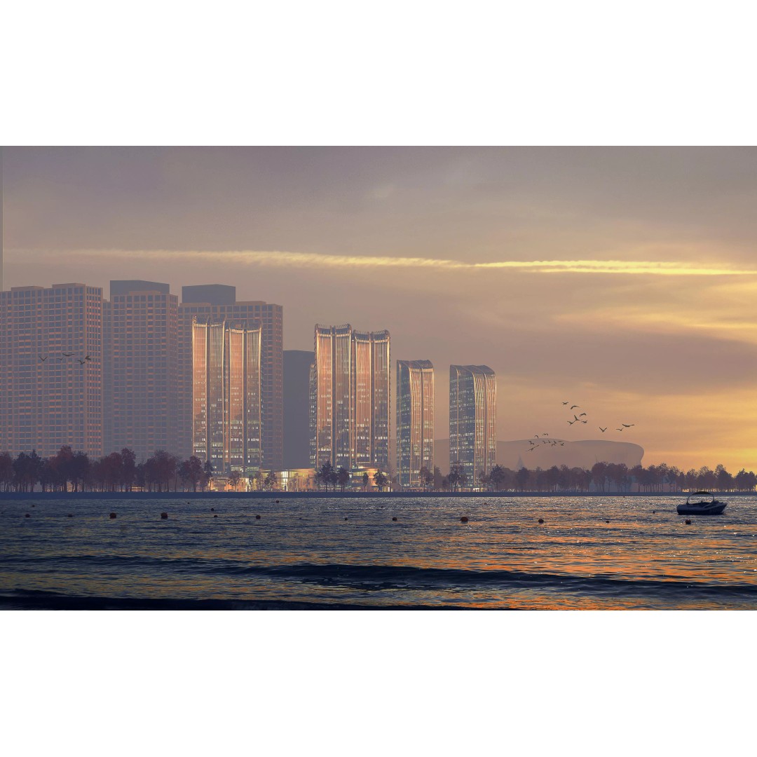 Sunset Waterfront Skyline 3D Model – Modern Glass Towers, PBR Textures - View 10