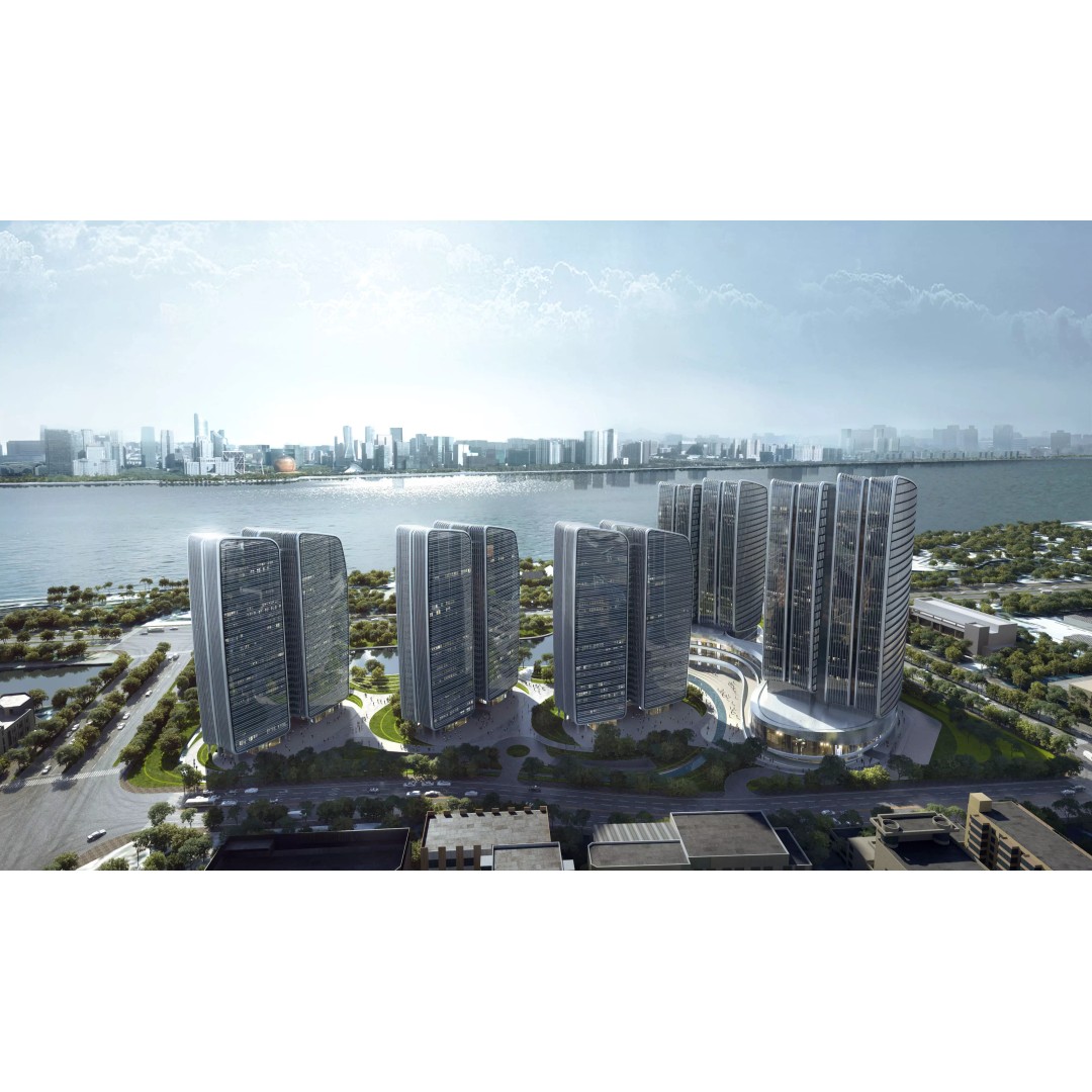 Sunset Waterfront Skyline 3D Model – Modern Glass Towers, PBR Textures - View 2