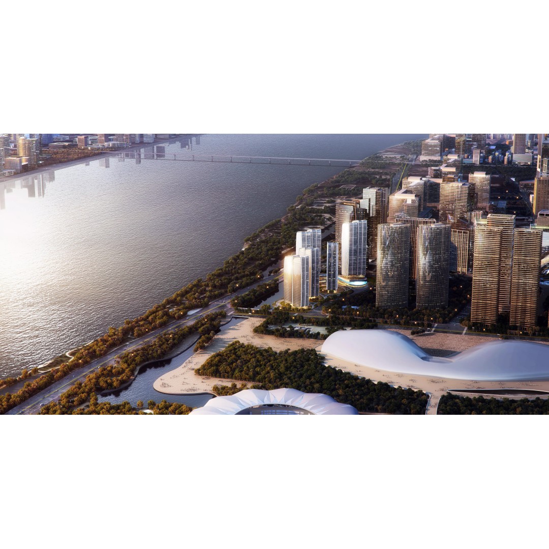 Sunset Waterfront Skyline 3D Model – Modern Glass Towers, PBR Textures - View 3