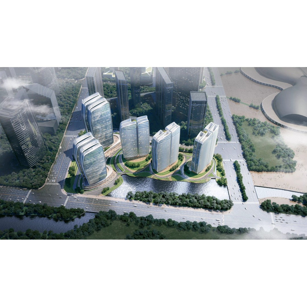 Sunset Waterfront Skyline 3D Model – Modern Glass Towers, PBR Textures - View 6
