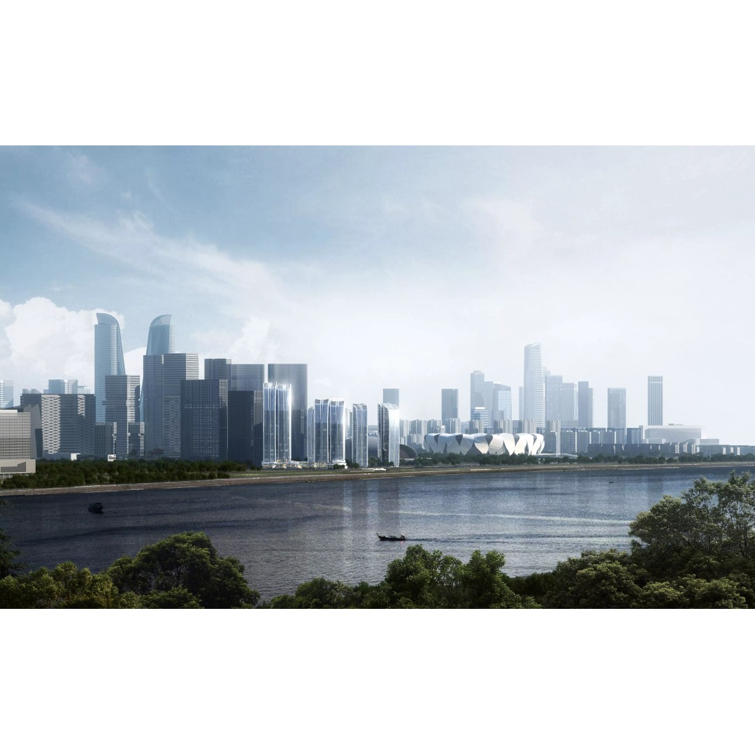 Sunset Waterfront Skyline 3D Model – Modern Glass Towers, PBR Textures - View 7