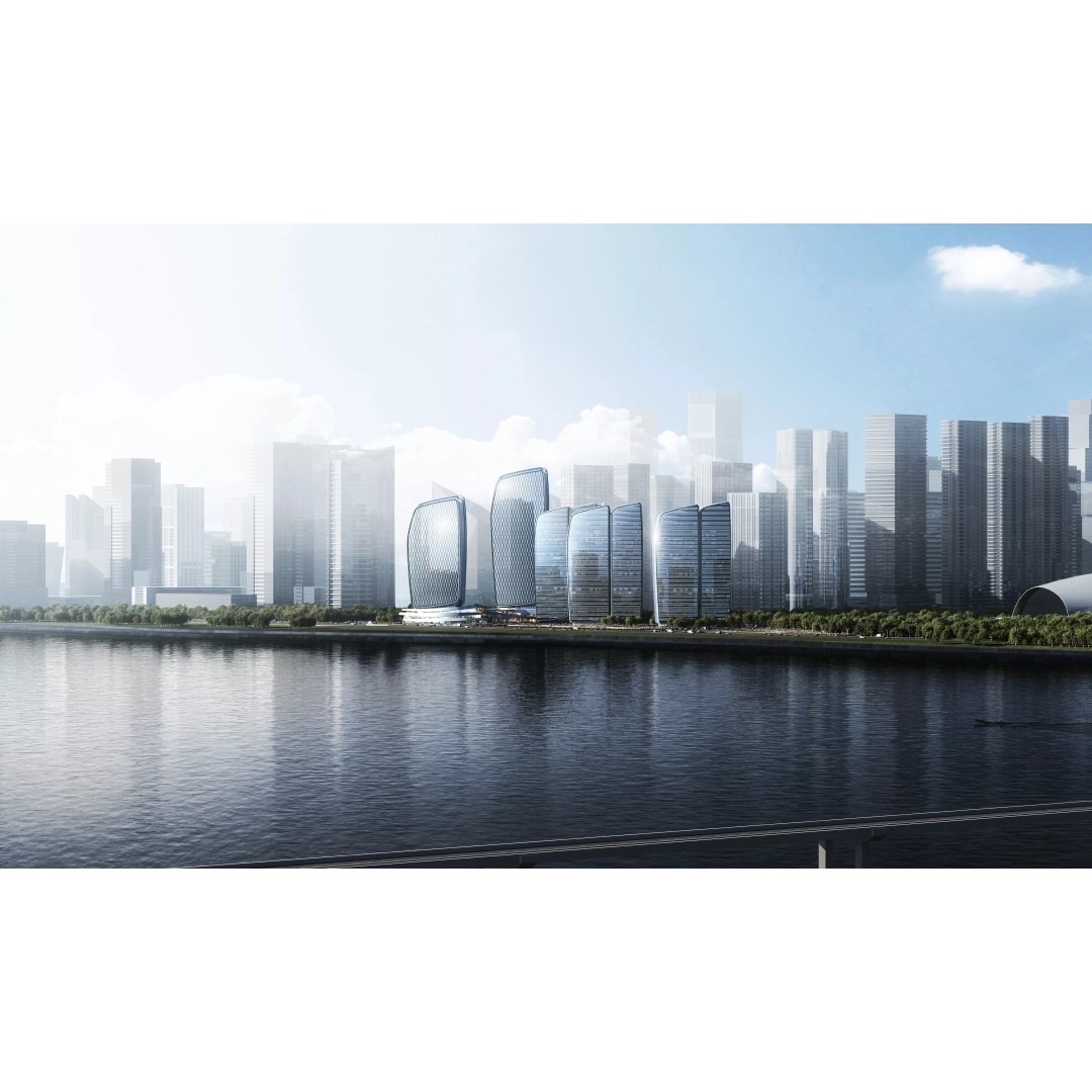 Sunset Waterfront Skyline 3D Model – Modern Glass Towers, PBR Textures - View 8