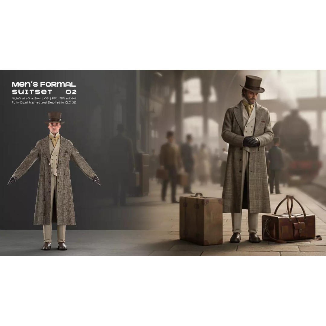Victorian Formal Suit Set 3D Model – Game-Ready Character Asset, OBJ, FBX - View 3