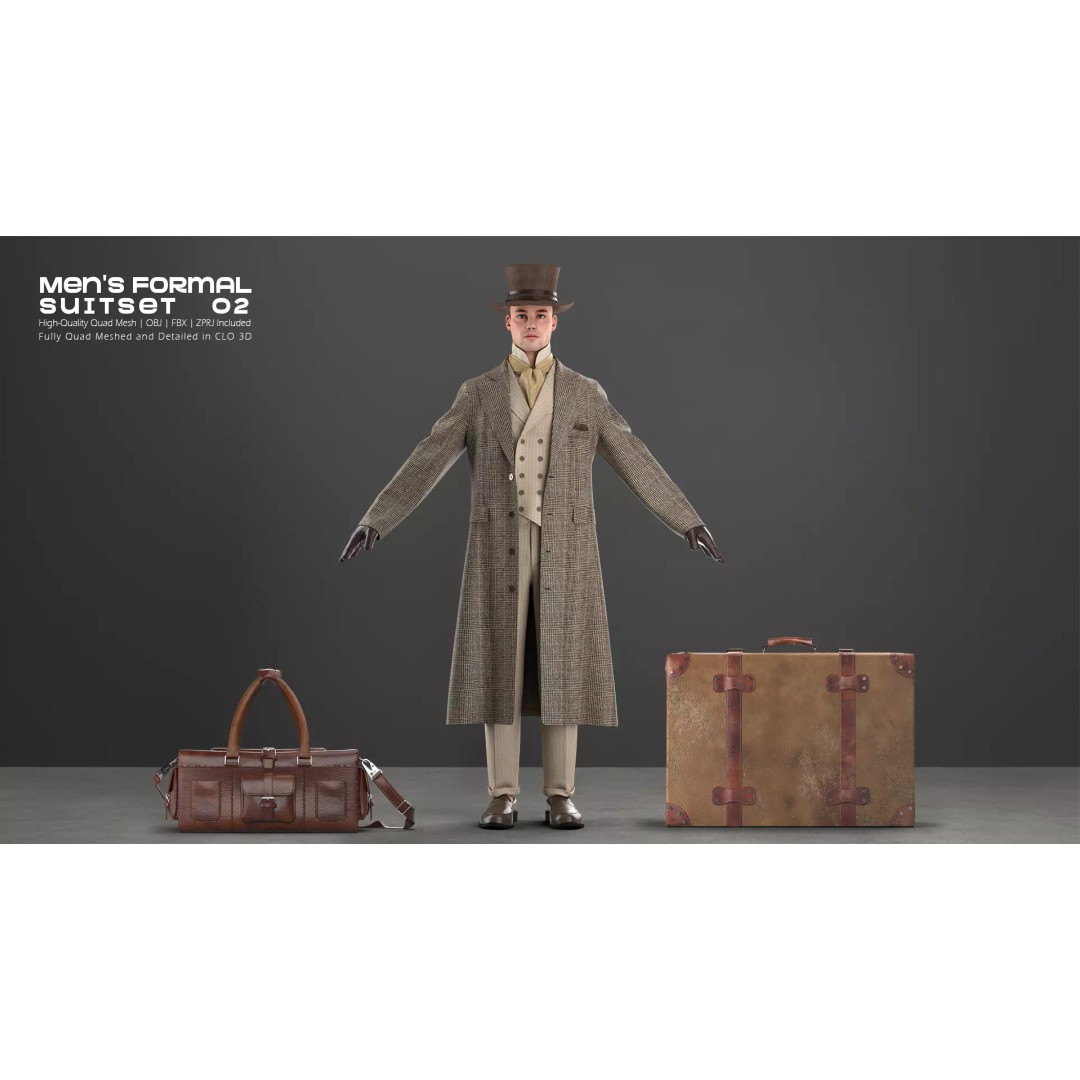 Victorian Formal Suit Set 3D Model – Game-Ready Character Asset, OBJ, FBX - View 4