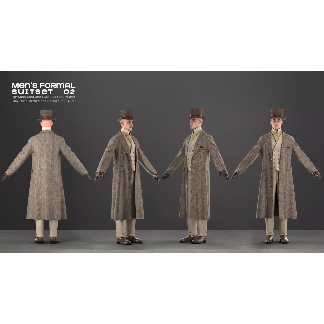 Victorian Formal Suit Set 3D Model – Game-Ready Character Asset, OBJ, FBX - View 5