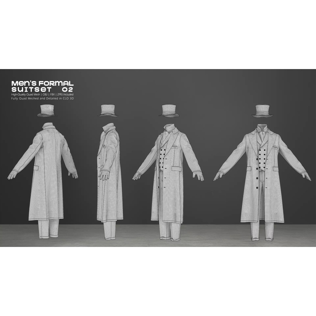 Victorian Formal Suit Set 3D Model – Game-Ready Character Asset, OBJ, FBX - View 8