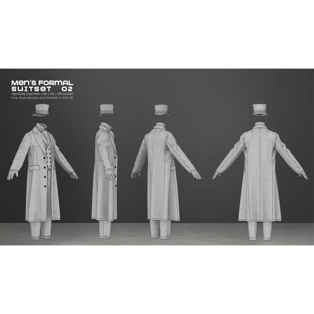 Victorian Formal Suit Set 3D Model – Game-Ready Character Asset, OBJ, FBX - View 9