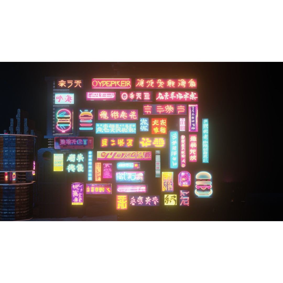 Neon Signs 3D Model – Low Poly Japanese Light Pack, FBX - View 3