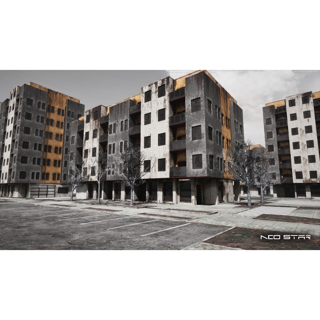 Abandoned Apartment Blocks 3D Model – Low Poly Game Asset, FBX, OBJ - View 3