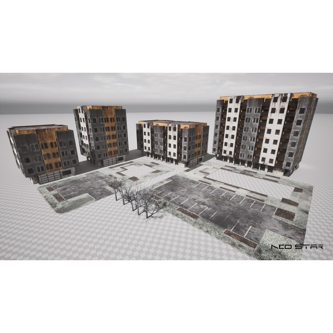 Abandoned Apartment Blocks 3D Model – Low Poly Game Asset, FBX, OBJ - View 4