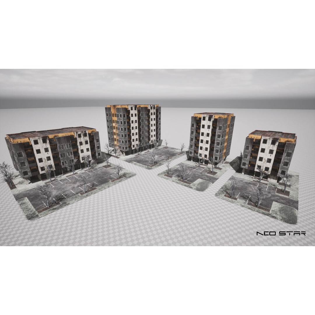 Abandoned Apartment Blocks 3D Model – Low Poly Game Asset, FBX, OBJ - View 5