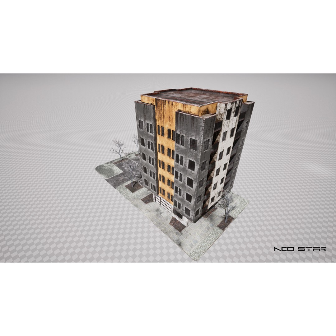 Abandoned Apartment Blocks 3D Model – Low Poly Game Asset, FBX, OBJ - View 7