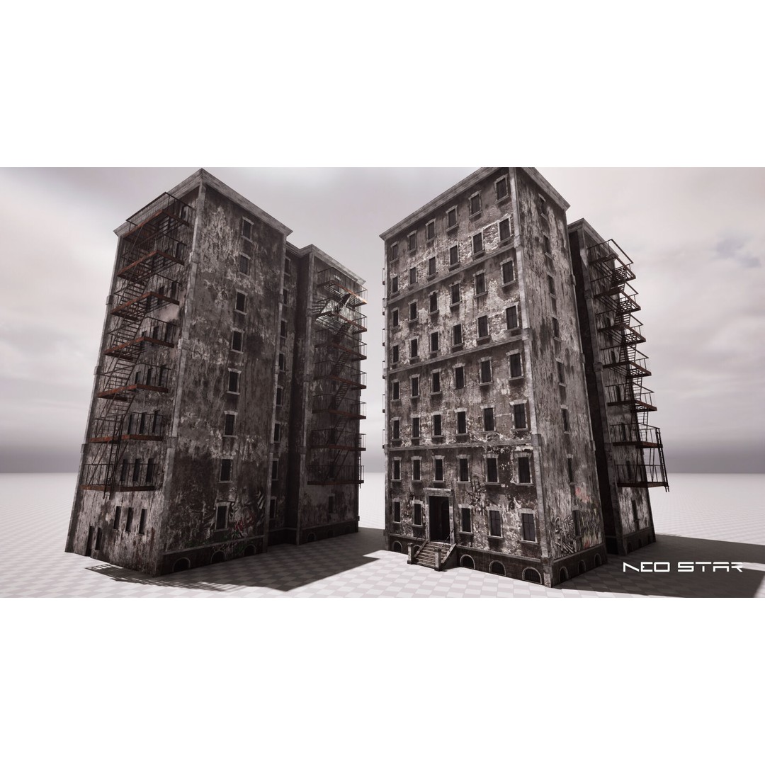 Abandoned Apartment Block 3D Model – Low Poly Game Asset, FBX - View 3