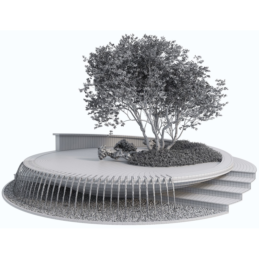 Circular Pond 3D Model – Scenic Landscape Asset with Fountain and Waterfall